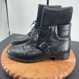 Stuart Weitzman Stitchwork Black Leather Combat Boots Sz 9.5 buckle strap